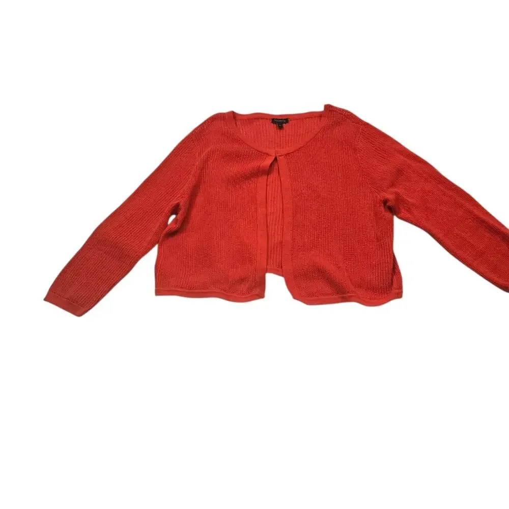Talbots Red Open Front Cardigan Sweater L Pointelle Knit Cotton Modal Office